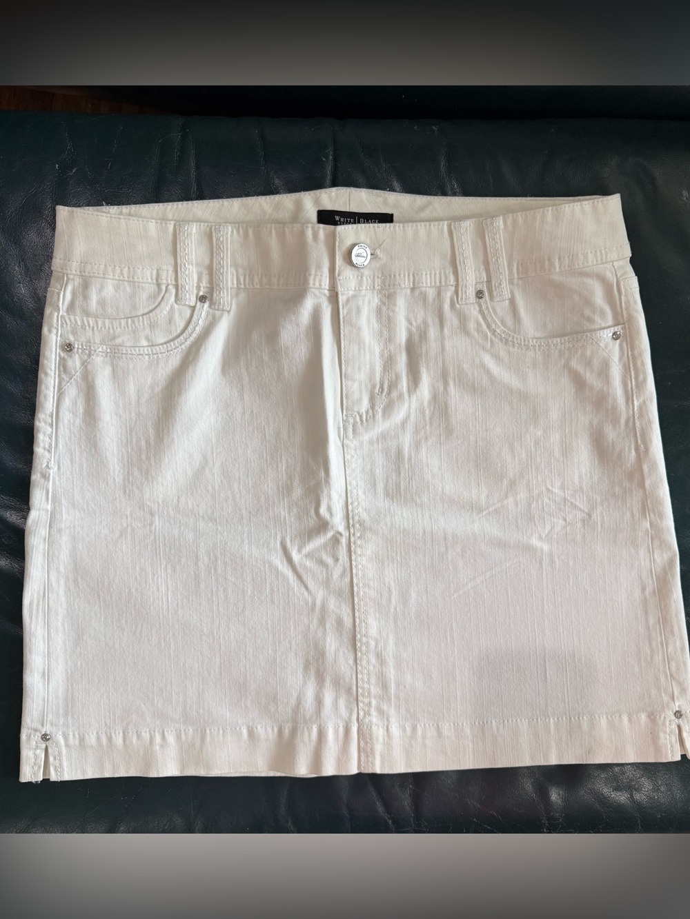 NWT White House Black Market White Denim Mini Skirt Rhinestone Pockets 6
